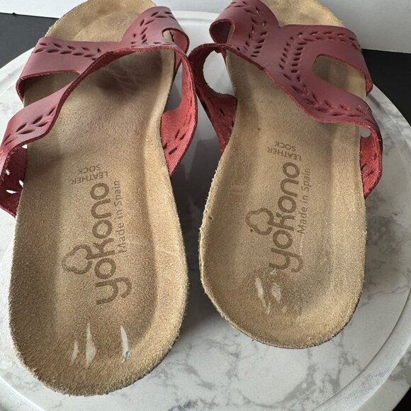 Yokono Red Leather Cut Out Sandals Slide Casual Cork Womens Size 7.5 VGUC - Picture 5 of 6